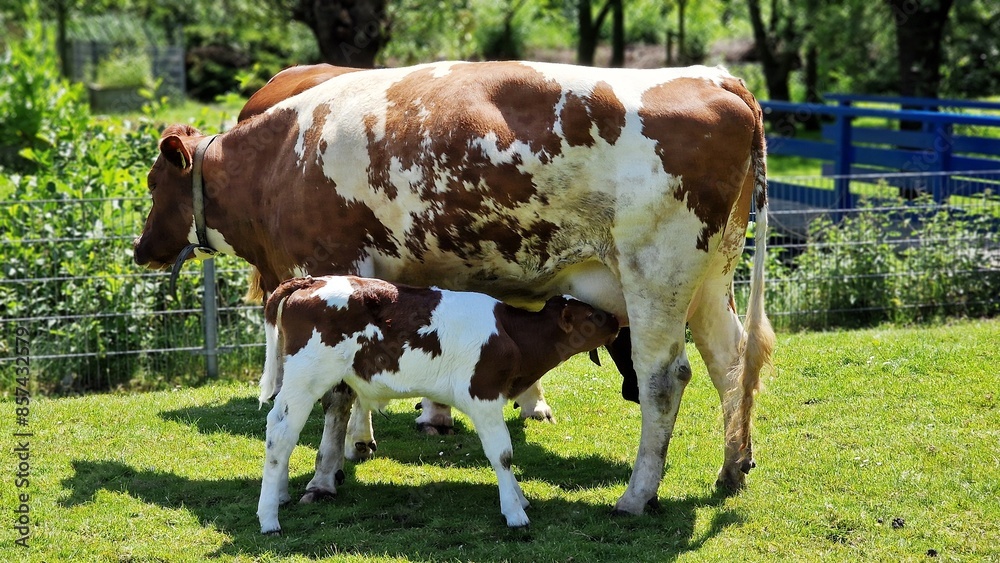 A newborn calf drinking milk from mother cow, on green meadow. A newborn calf drinking milk from mother cow, on green meadow.