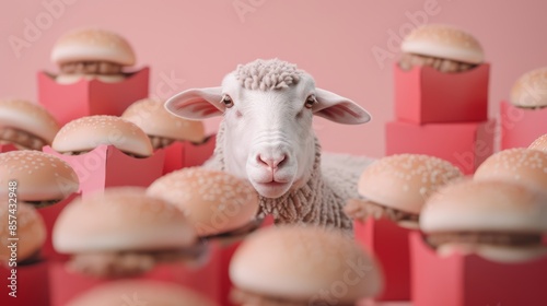 White sheep placed in the center of a frame packed with red chicken burger boxes, striking contrast, humorous and surreal visual, bold and imaginative