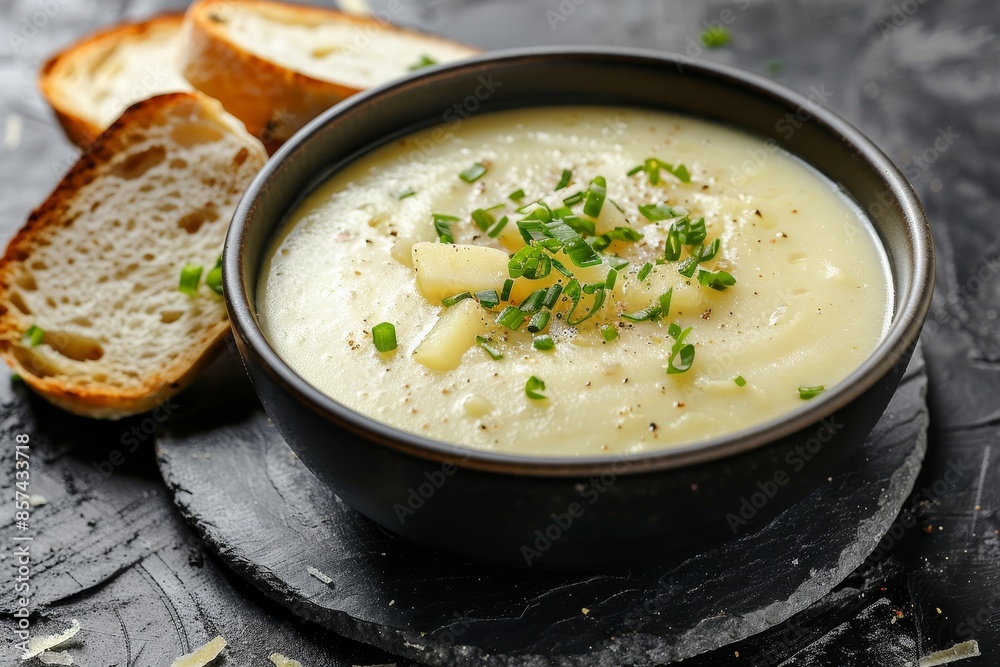 Potato soup with bread served in black bowl Potato soup with bread served in black bowl