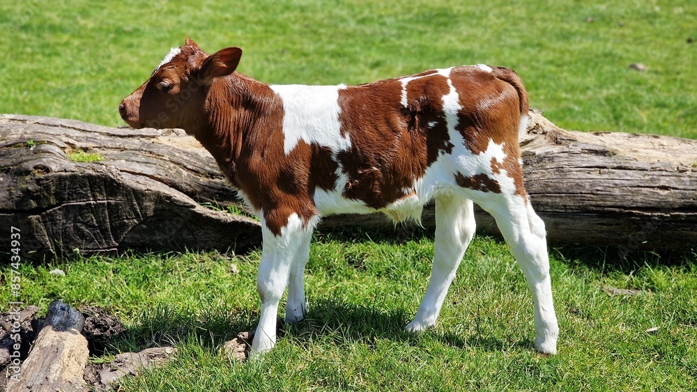 A newborn calf at the animal farm, walking around. A newborn calf at the animal farm, walking around.