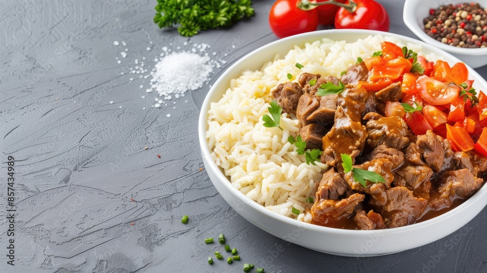 A close-up image of a plate with creamy chicken and rice on a white table. A fork and knife are laid out on a napkin to the right of the plate A close-up image of a plate with creamy chicken and rice on a white table. A fork and knife are laid out on a napkin to the right of the plate