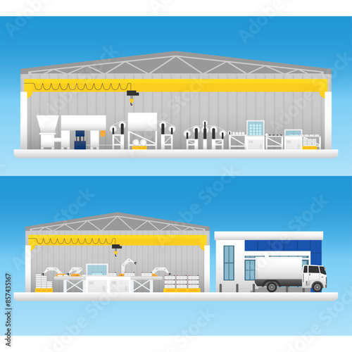 battery manufacturing, battery factory in simple graphic
