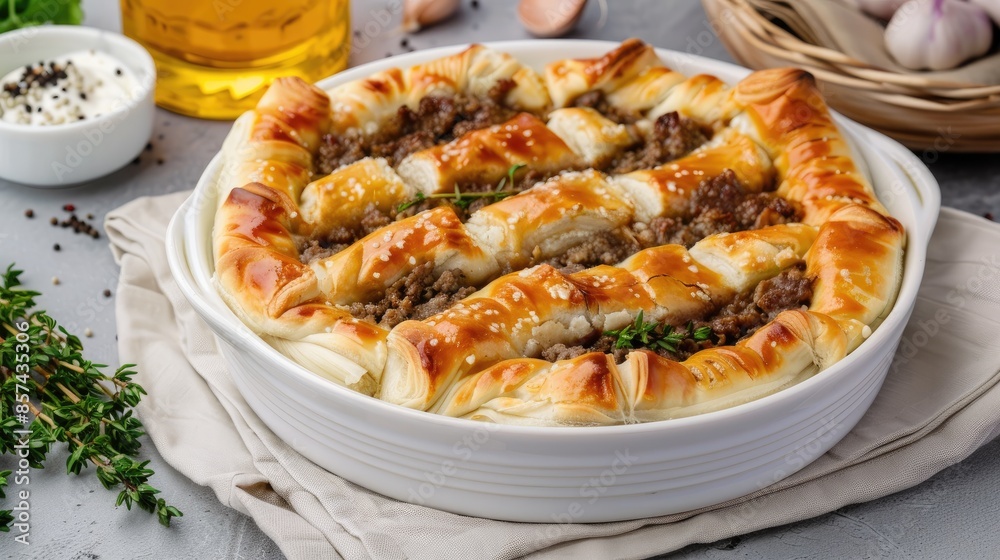 Close up of a plate with four rolled flatbread filled with ground beef and topped with yogurt Close up of a plate with four rolled flatbread filled with ground beef and topped with yogurt