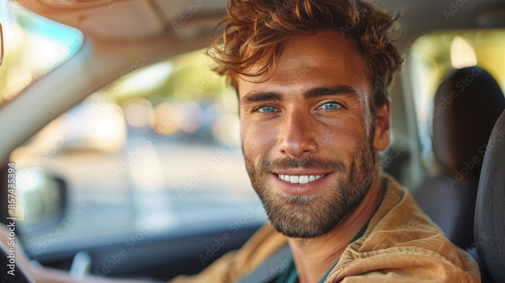 A handsome bearded man is smiling directly at the camera while sitting in a parked car during daylight. His casual appearance gives a relaxed impression. A handsome bearded man is smiling directly at the camera while sitting in a parked car during daylight. His casual appearance gives a relaxed impression.