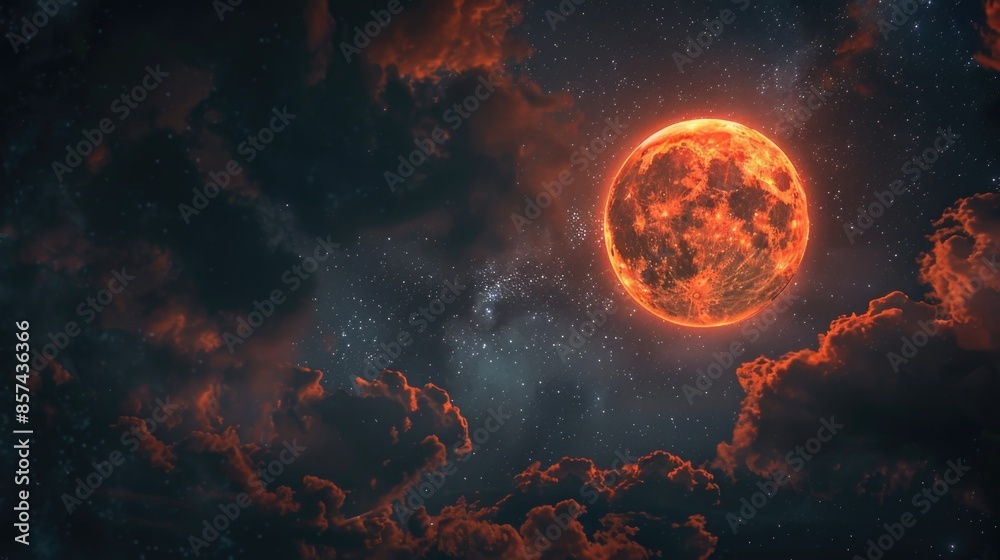 A bright orange sun shines brightly in the night sky, perfect for illustrations of nighttime scenes or futuristic themes