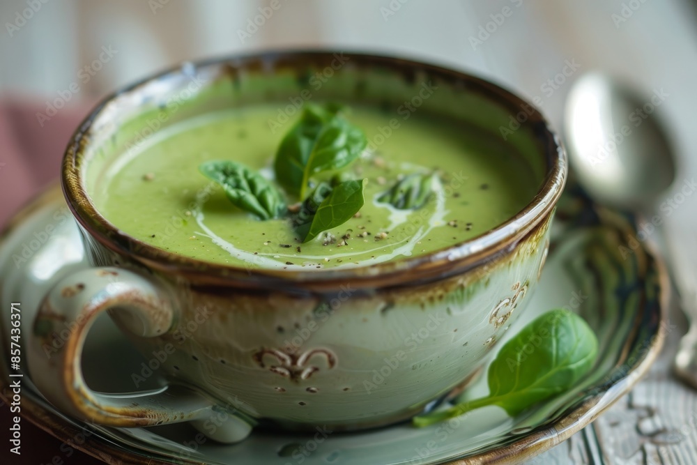 Simple to prepare asparagus and spinach soup served in a pottery dish Simple to prepare asparagus and spinach soup served in a pottery dish