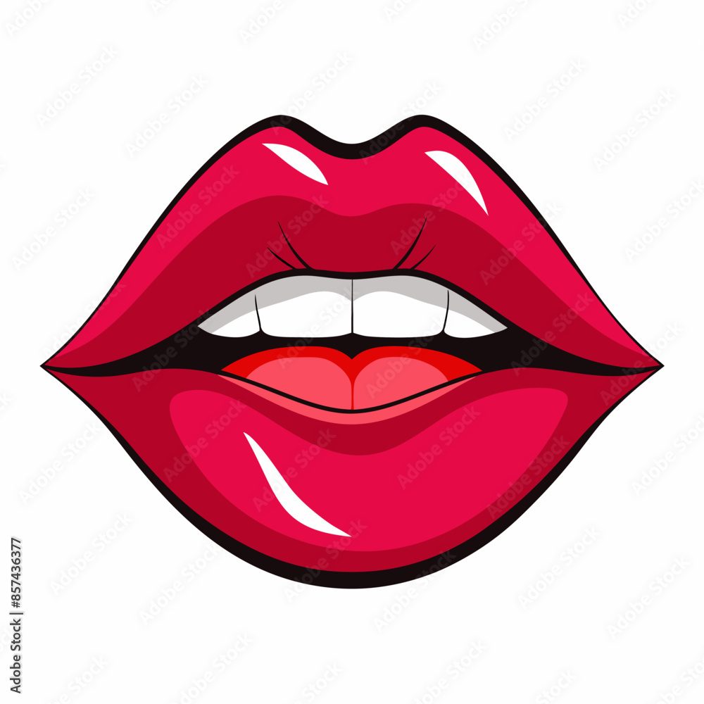 A close up of a womans red lips with white teeth while wearing lipstick A close up of a womans red lips with white teeth while wearing lipstick