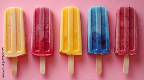 fruit popsicle in a row. A cold sweet treat, ice cream. summer food background.