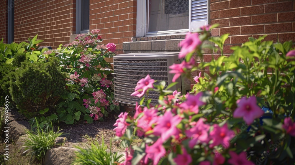 Fototapeta premium A close-up shot of an air conditioner unit placed beside a bouquet of flowers