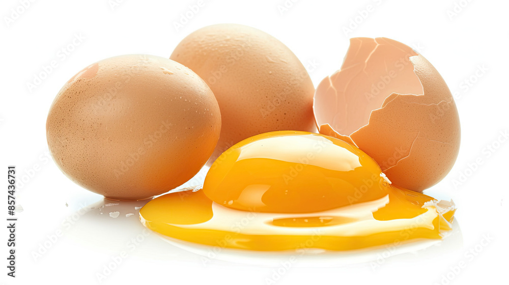 Chicken Eggs and Half-Broken Egg with Yolk Isolated on White Background Chicken Eggs and Half-Broken Egg with Yolk Isolated on White Background