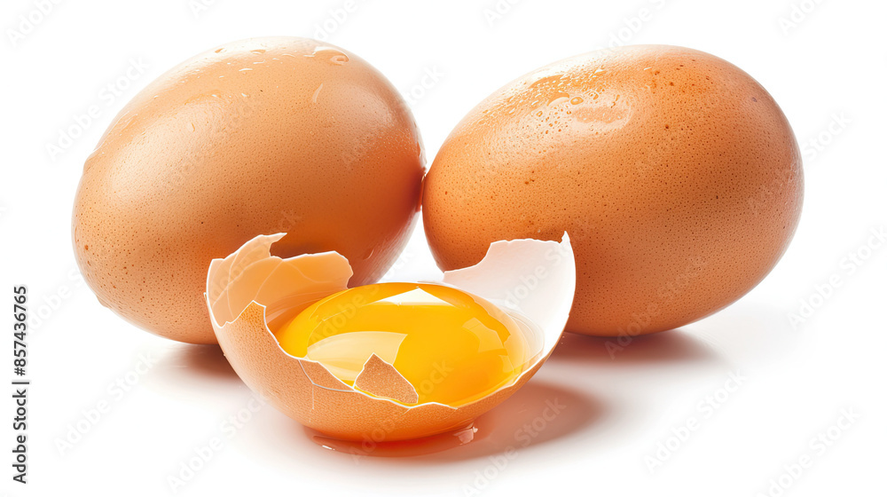 Chicken Eggs and Half-Broken Egg with Yolk Isolated on White Background Chicken Eggs and Half-Broken Egg with Yolk Isolated on White Background