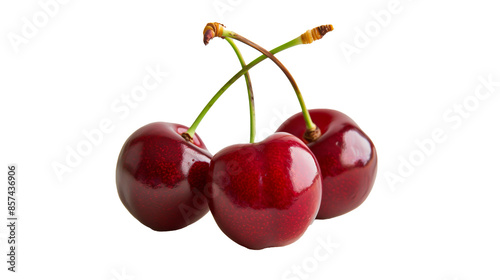 Close-up of three ripe cherries on a transparent background. PNG image.