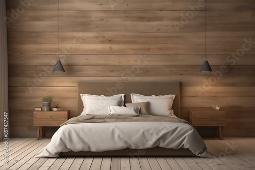 Wallpaper Mural A cozy bedroom featuring a wooden bed against a wall of reclaimed barn wood paneling. The room includes pendant lighting and wooden bedside tables, creating a rustic and warm atmosphere. Torontodigital.ca