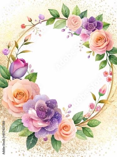 Floral Border Design with Golden Frame for Invitations or Stationery