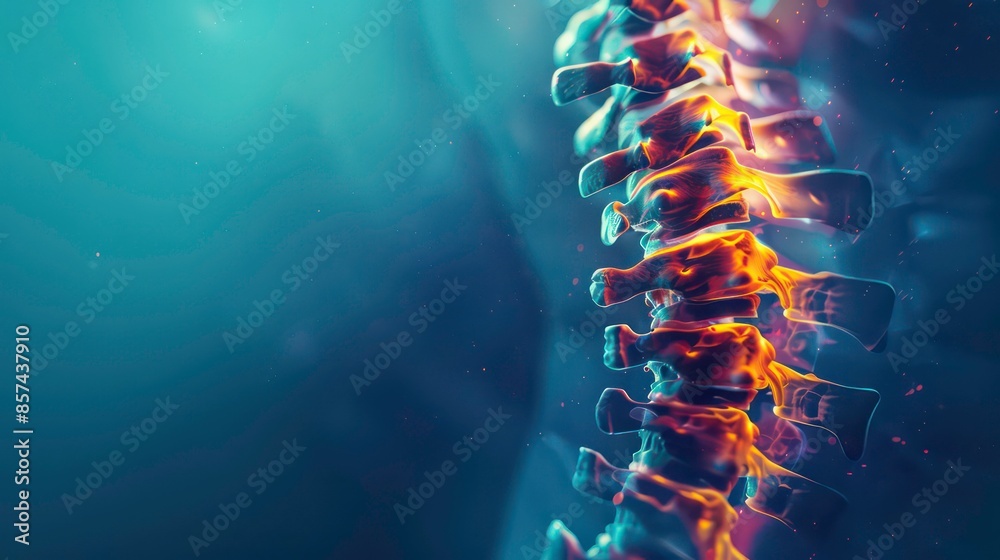 Human spine in x-ray on blue background. The neck spine is highlighted ...