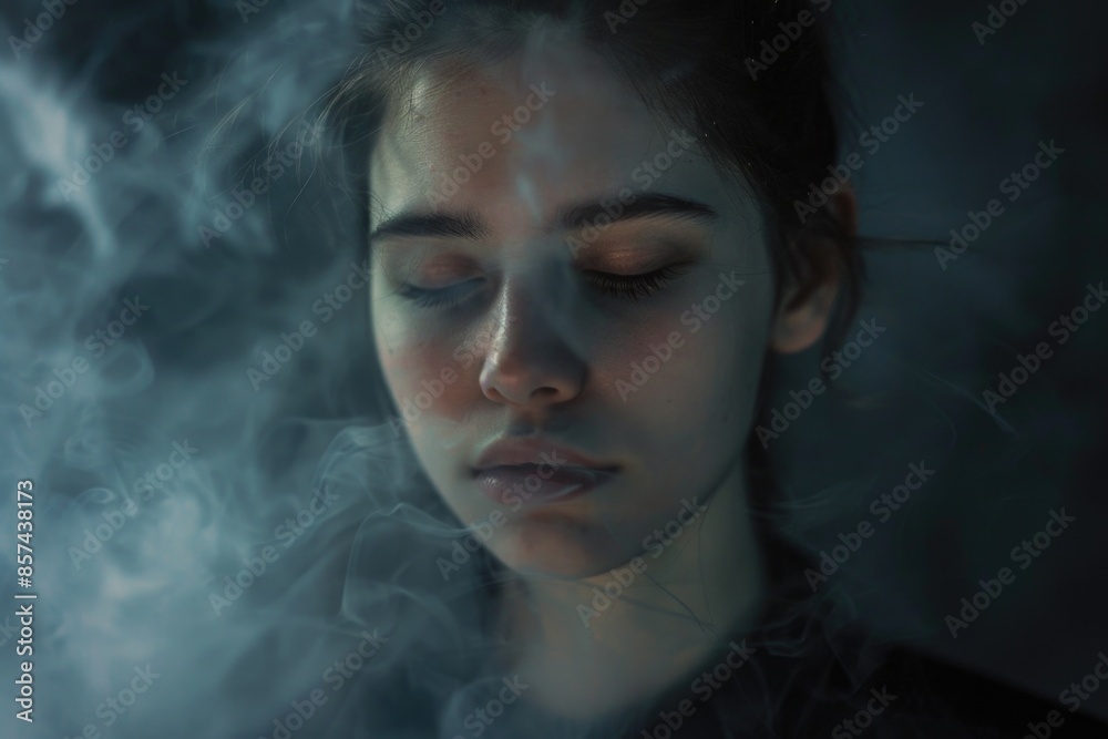 A close-up shot of a woman's face, eyes closed, with visible cigarette smoke emerging from her mouth A close-up shot of a woman's face, eyes closed, with visible cigarette smoke emerging from her mouth