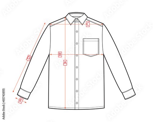 Mans shirt size chart. Front and back views