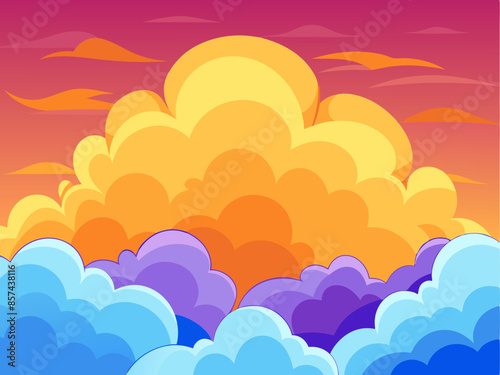 The sky is filled with colorful clouds during a beautiful cartoon sunset