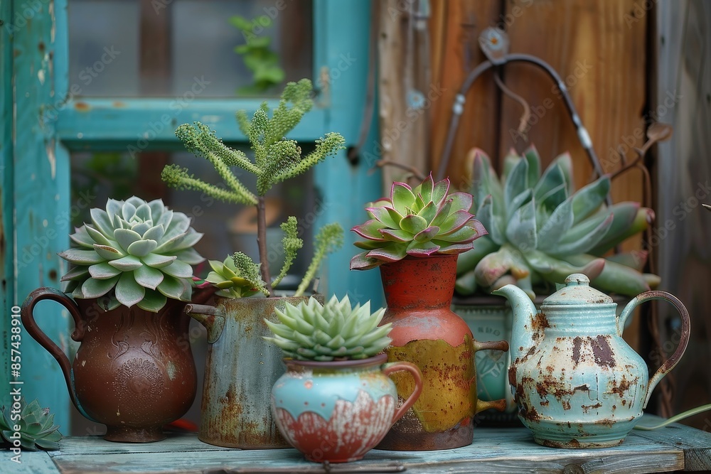 Succulents are planted in recycled kitchen utensils for eco friendly decoration
