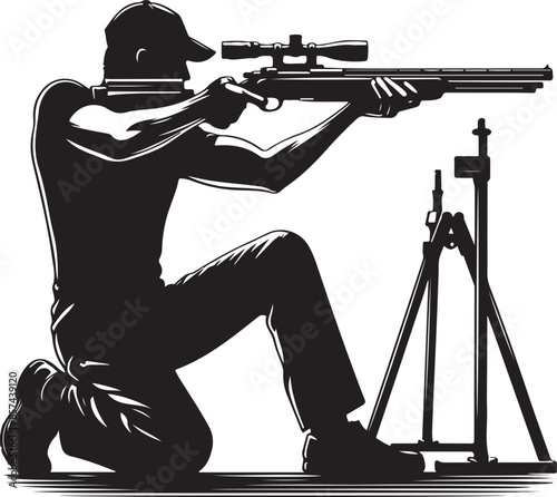 Trap shooting, aiming athlete with gun, black color silhouette