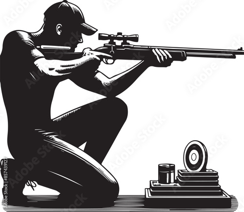 Trap shooting, aiming athlete with gun, black color silhouette