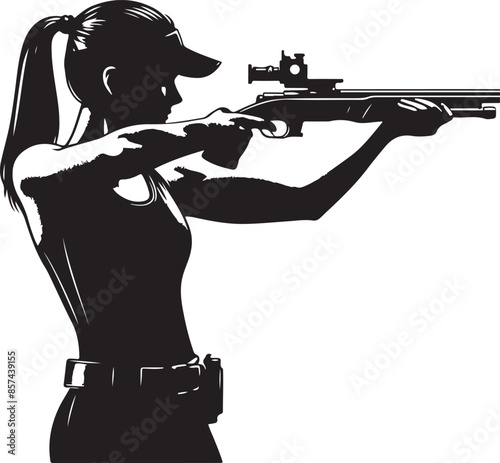 Trap shooting, aiming athlete with gun, black color silhouette
