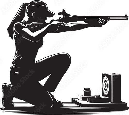 Trap shooting, aiming athlete with gun, black color silhouette