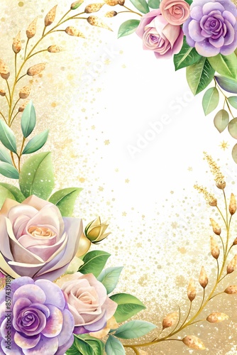 Floral Border Design with Golden Frame for Invitations or Stationery