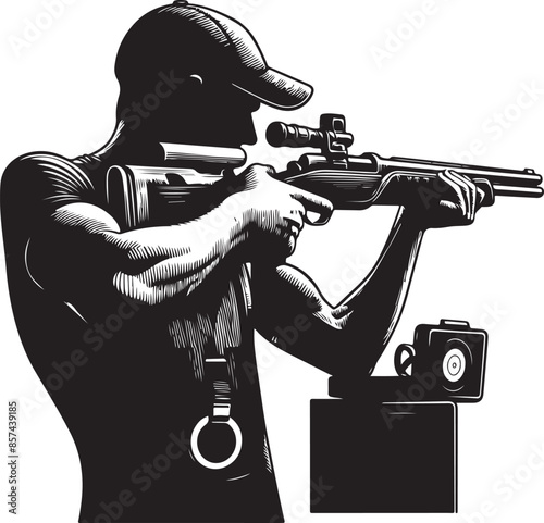 Trap shooting, aiming athlete with gun, black color silhouette