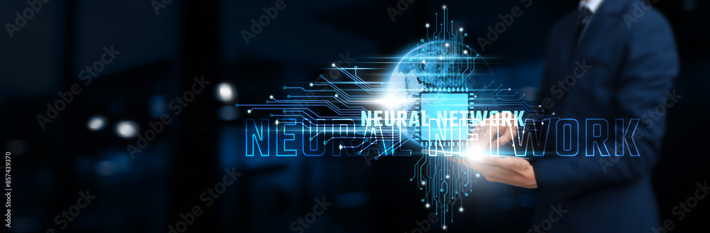 Fototapeta premium Neural Network: Businessman Using Tablet on Network Structure. Advanced Technology, Innovation, Integration on Global Business Network. Technology Concept