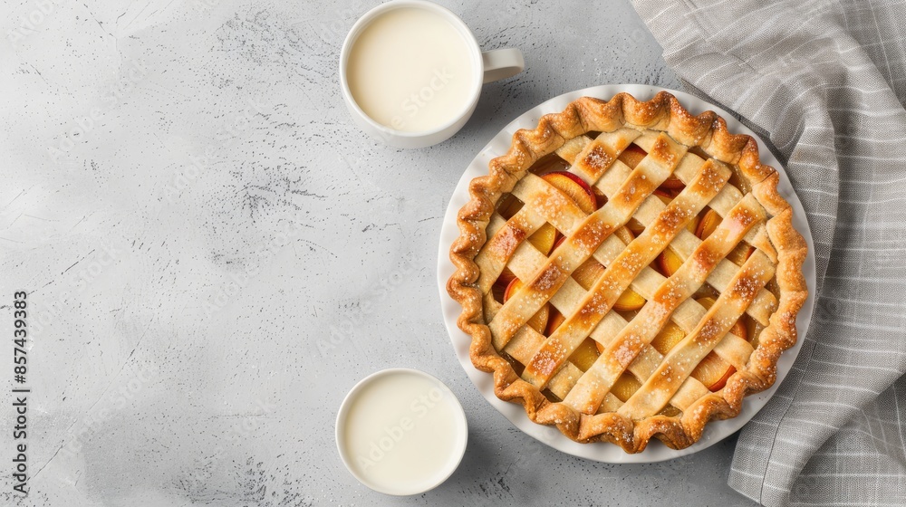 A peach and walnut pie on a white plate, with fresh peaches and milk on a grey background A peach and walnut pie on a white plate, with fresh peaches and milk on a grey background