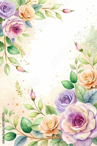 Floral Border Design with Golden Frame for Invitations or Stationery