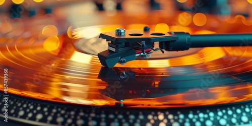 Wide Shots , Turntable arm on golden Vinyl record rotating in a macro shot , adobe lightroom filter , Ultra clear image, Add Copyspace photo