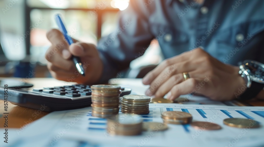 Businessman calculating financial data with a calculator and coins on a desk, concept of financial planning, budgeting, and investment. Businessman calculating financial data with a calculator and coins on a desk, concept of financial planning, budgeting, and investment.