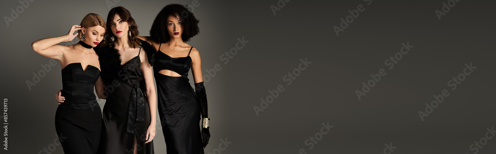 A group of young, beautiful interracial women stand together in elegant black dresses against a grey background. A group of young, beautiful interracial women stand together in elegant black dresses against a grey background.