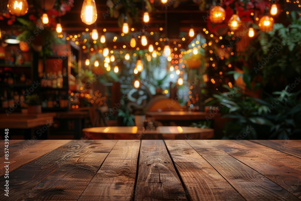 Image of wooden table in front of abstract blurred restaurant lights background Image of wooden table in front of abstract blurred restaurant lights background