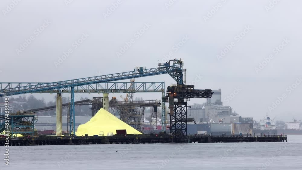 A Big Yellow Sulphur Pile, in North Vancouver. Ships and cranes are visible in the background in British Columbia, Canada. A Big Yellow Sulphur Pile, in North Vancouver. Ships and cranes are visible in the background in British Columbia, Canada.