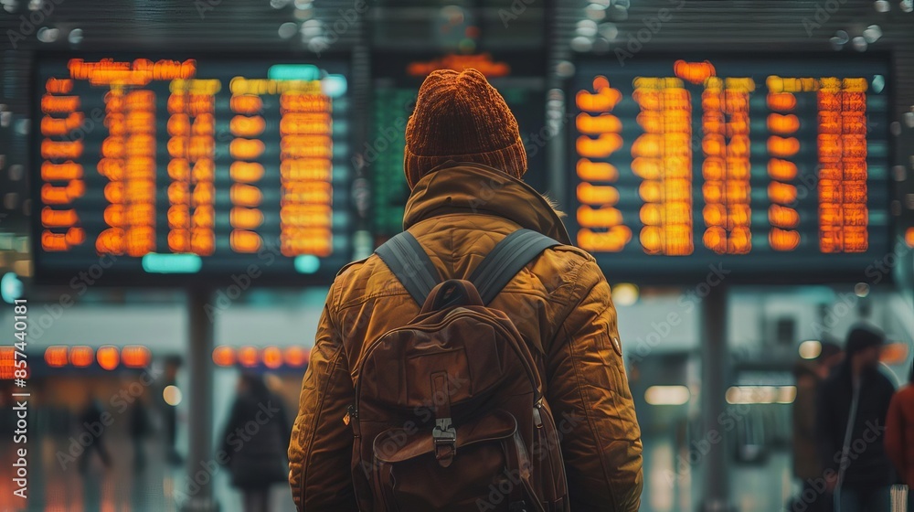 Traveling by airplane Man waiting in airport terminal Selective focus on hand holding suitcase against arrival and departure board Passenger is ready for travel Traveling by airplane Man waiting in airport terminal Selective focus on hand holding suitcase against arrival and departure board Passenger is ready for travel