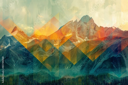 Surreal Mountain Landscape with Geometric Overlay photo