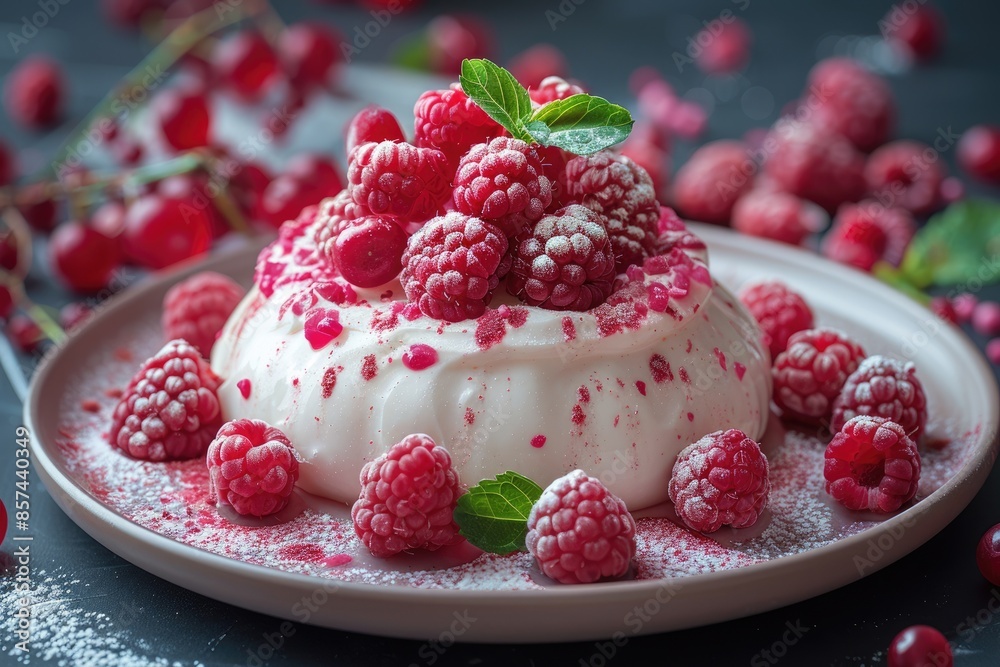 White mousse dessert garnished with fresh raspberries and dusted with powdered sugar, placed on a gray ceramic plate. White mousse dessert garnished with fresh raspberries and dusted with powdered sugar, placed on a gray ceramic plate.