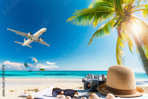 Set of summer and holiday objects on a beach with palm trees