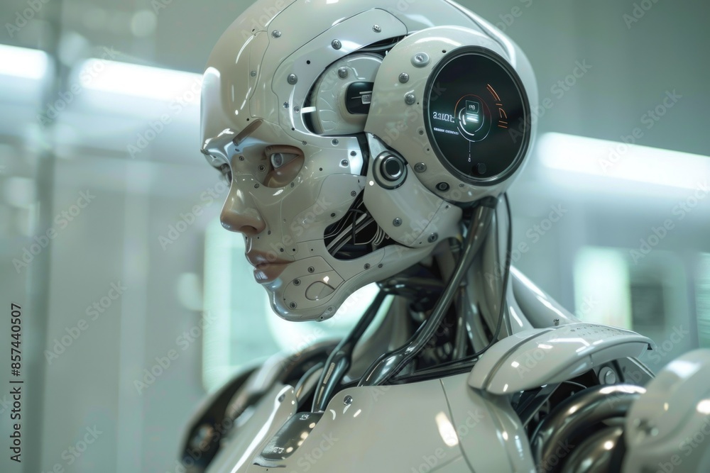 A detailed view of a robot's facial features and metal head, ideal for use in science fiction or technology-themed projects
