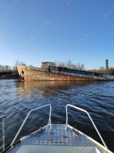 Rusty sea vessel aground