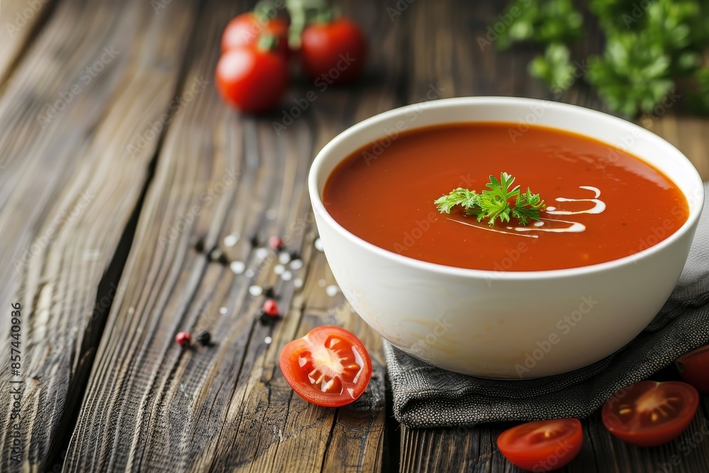 Tomato soup in white bowl on wood background Side view copy space Tomato soup in white bowl on wood background Side view copy space