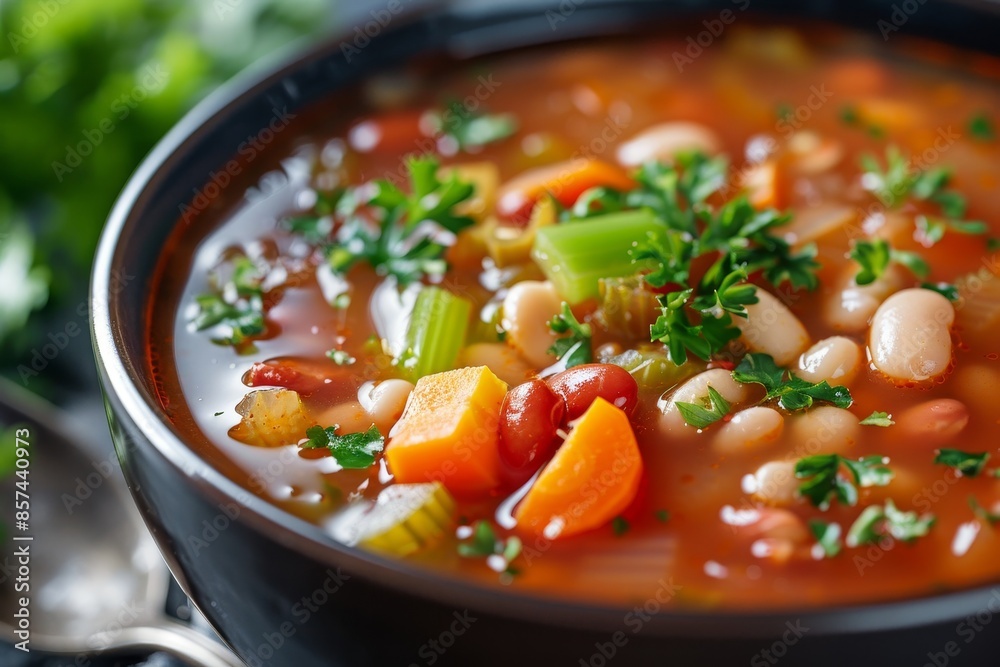 Tomato soup topped with beans celery sweet pepper parsley closeup Tomato soup topped with beans celery sweet pepper parsley closeup