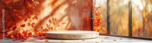 Product podium in autumn warm colors for product presentation Mockup for branding, packaging