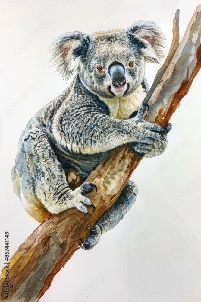 Fototapeta premium A koala sitting on a tree branch, looking around