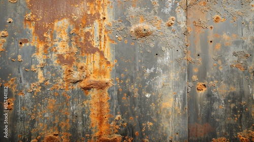 Large rusty metal wall panels with rivets. The panels are painted grey but the paint is old and chipped, revealing the rusty metal underneath.