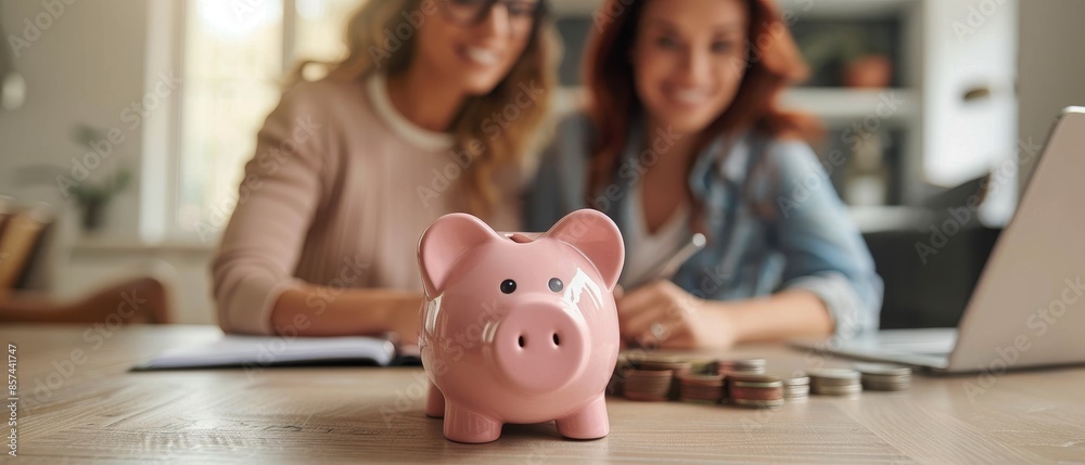 Two women discussing finances with a piggy bank and coins on the table, focusing on savings and financial planning. Two women discussing finances with a piggy bank and coins on the table, focusing on savings and financial planning.