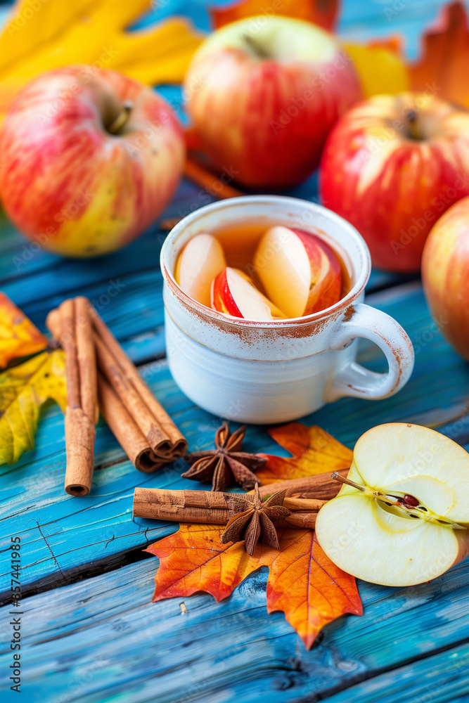 Hot Apple Cider with Cinnamon, Apple Juice, in Mug, Spiced Warm Fall Beverage, Cosy Autumn Drink. Hot Apple Cider with Cinnamon, Apple Juice, in Mug, Spiced Warm Fall Beverage, Cosy Autumn Drink.